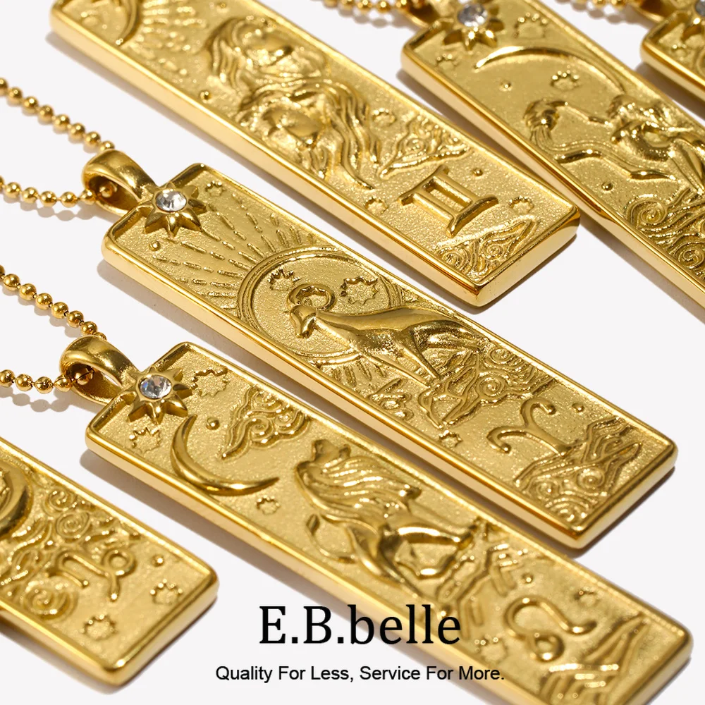 E.B.belle 18k Gold Plated Rectangle Shape 12 Constellation Pendant Necklace Stainless Steel Waterproof Fashion Women's Jewelry