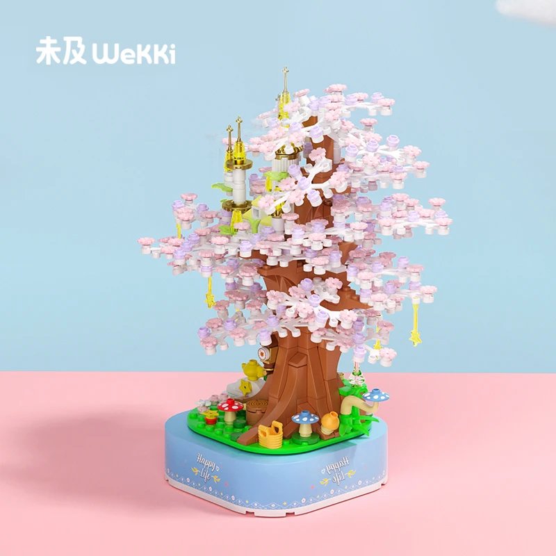 Pink Sakura Music Box Building Blocks Cherry Blossoms Tree House Painting Ornament Puzzle Assembly Brick Toys For Kid Gift