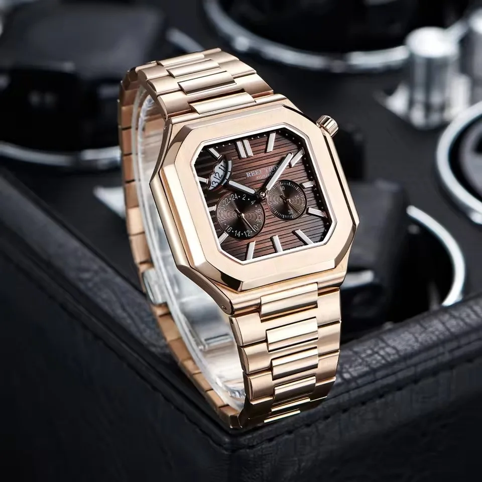 Reef Tiger Men Automatic Watch 44mm Square Mechanical Wristwatch 5ATM Luminous Sapphire Power Reserve Display & 24 Hours Dial
