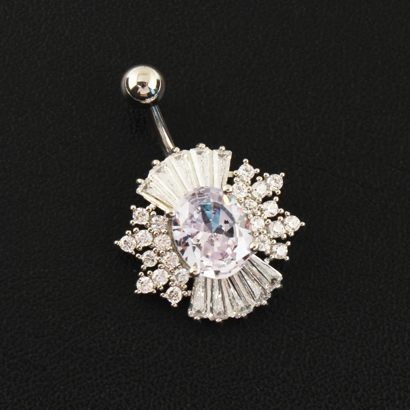 Belly Button Ring Cubic Zirconia Big Stones Clear Pink 14G Stailess Steel Rod Body Piercing Flower Navel Bar Umbilical Jewelry