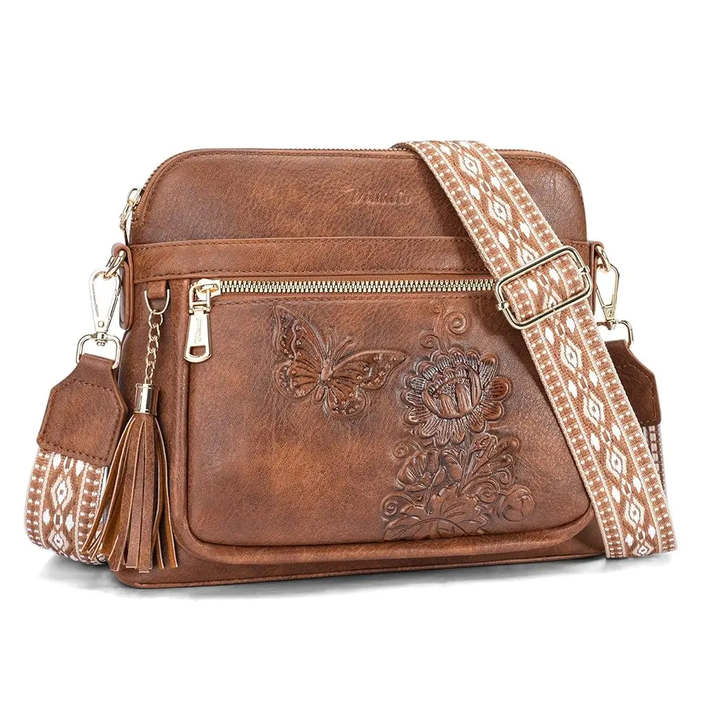 

Crossbody Purses for Women Trendy,Vegan Leather Crossbody Bag Multi-Pocket Travel Shoulder Handbag with Tassel | Embossed Des
