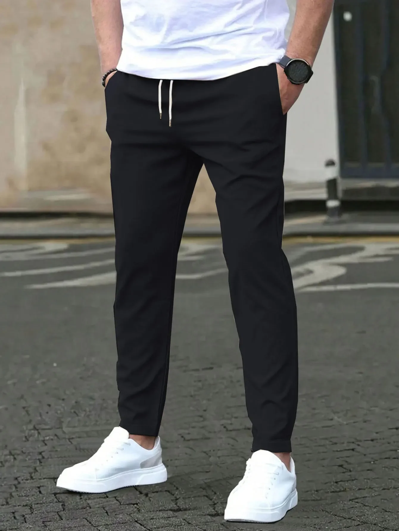 Men's Solid Color Drawstring Waist Casual Pants Regular Fit Comfy Trousers with Pockets for Spring And Fall