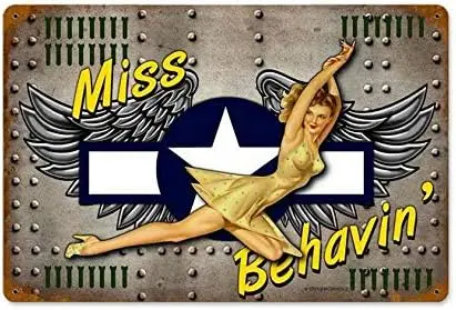 Miss Behavin;, Aviation Pin Up Nose Art 12X8 Inches Vintage Look Metal Tin Sign For Coffee House Bar Pub Room Decor Large