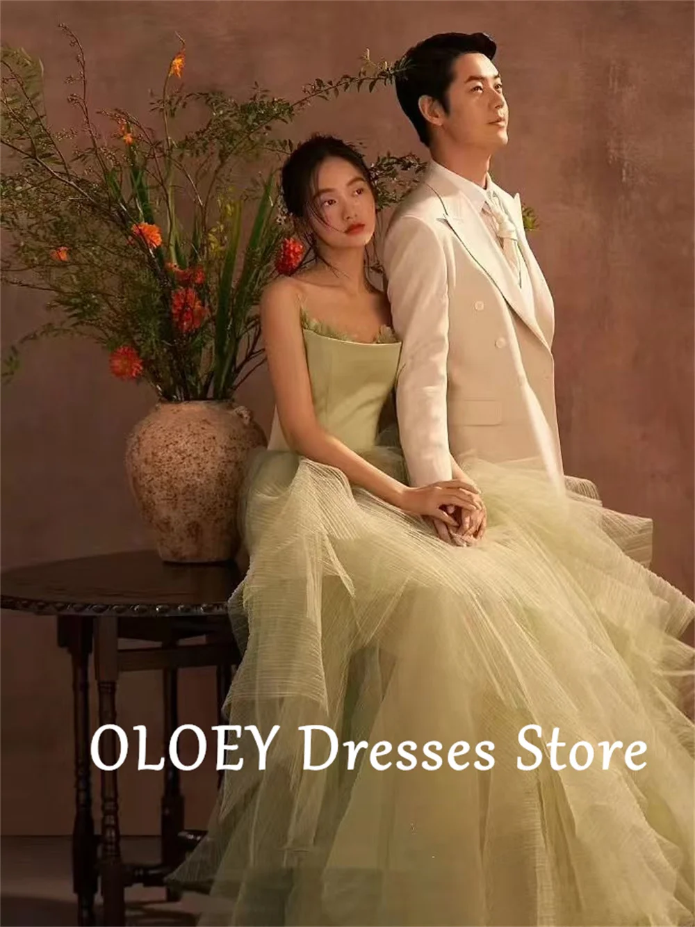 OLOEY Mint Green Wedding Dresses Spaghetti Straps A-line Bridal Gown Tulle Korea Photo Shoot Wedding Ball Gown Custom Made