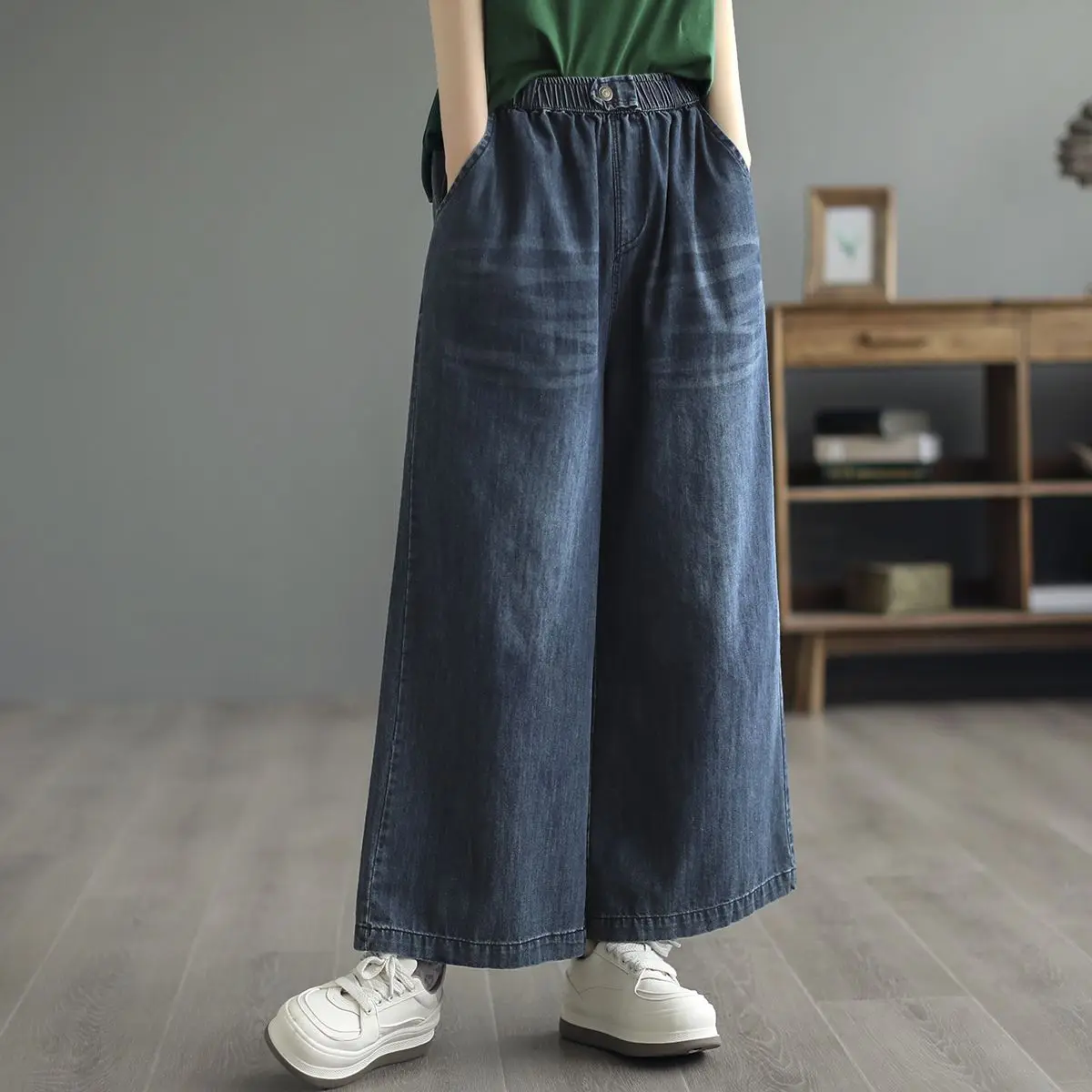 High waisted Denim Wide leg pants 2026 Spring Autumn New Loose Elastic waist Straight leg Pants Women's Versatile Casual Jeans