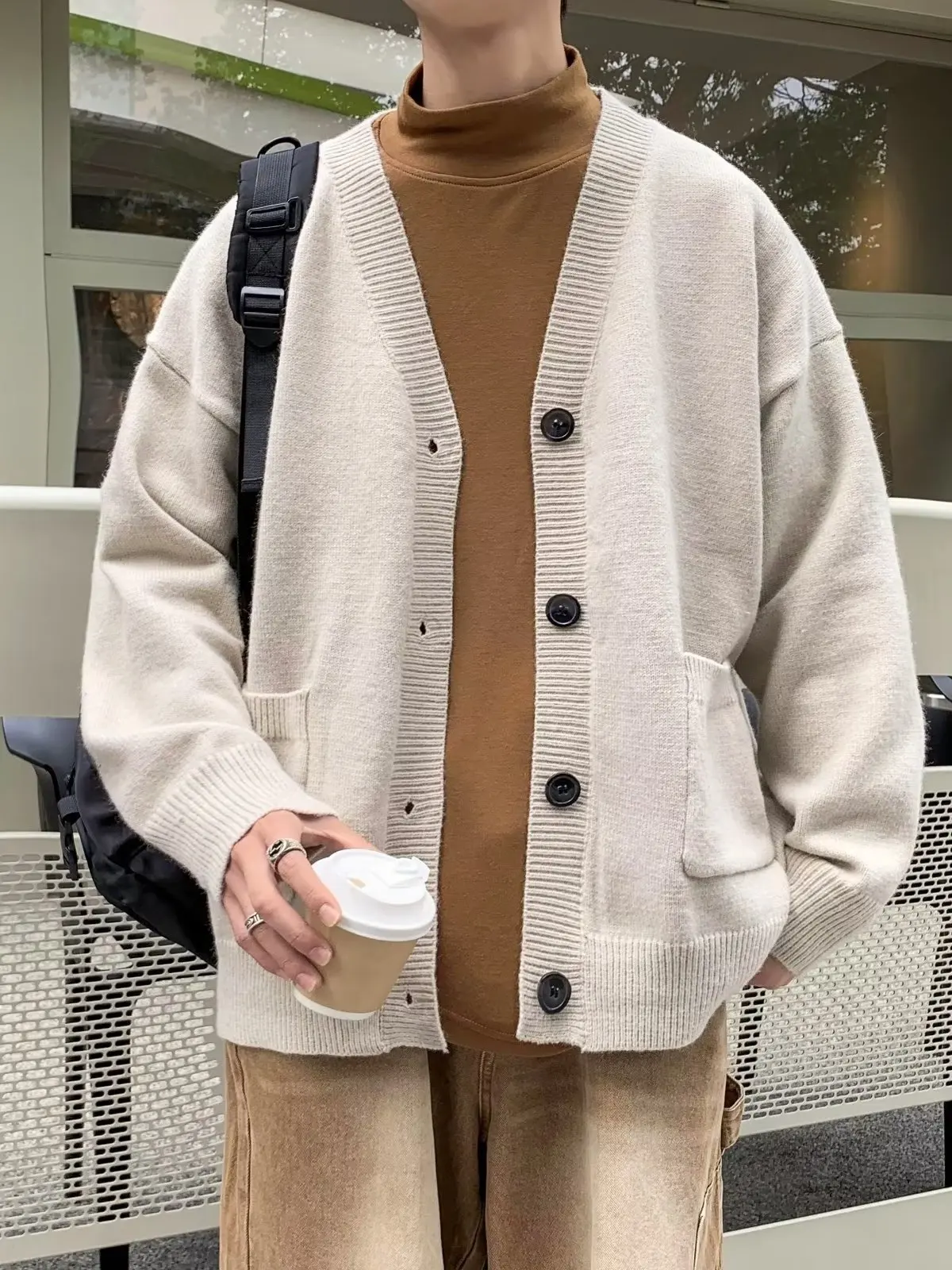 

American Retro Color Collar Sweater Jaet Men's Loose V-ne Knitted Open Cardigan Casual Wear for Autumn Season