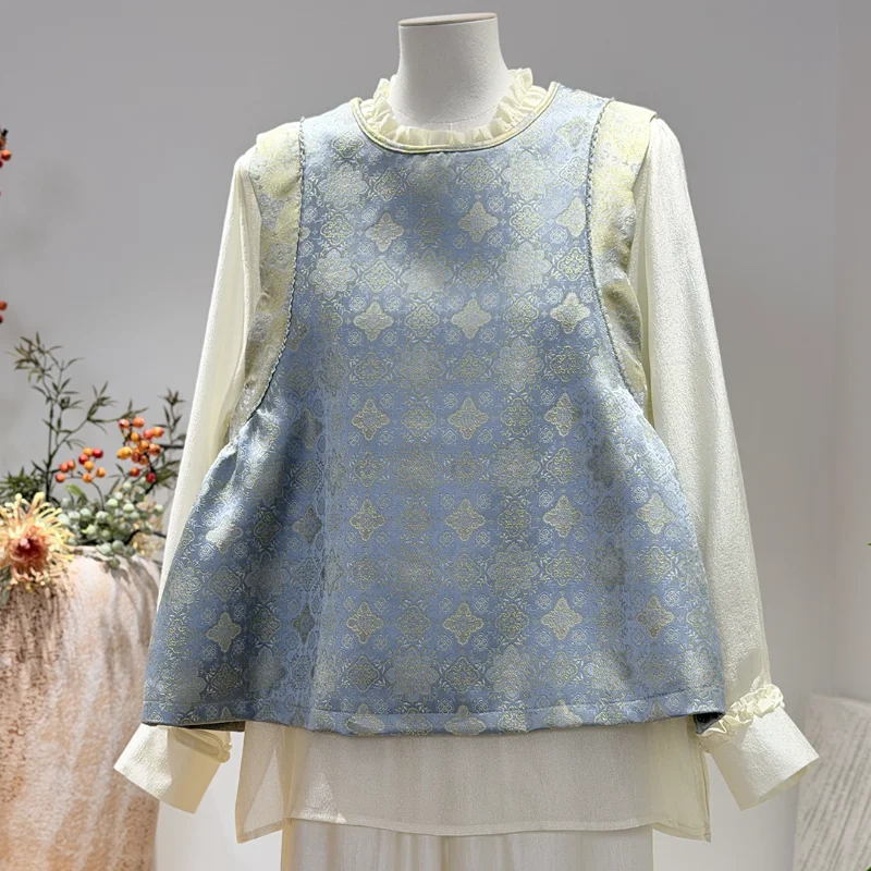 New Chinese Women Jacquard Cheongsam Round Collar Daily Casual Blouse Sleeveless Outwear Novelty Jacket Patchwork Clothes