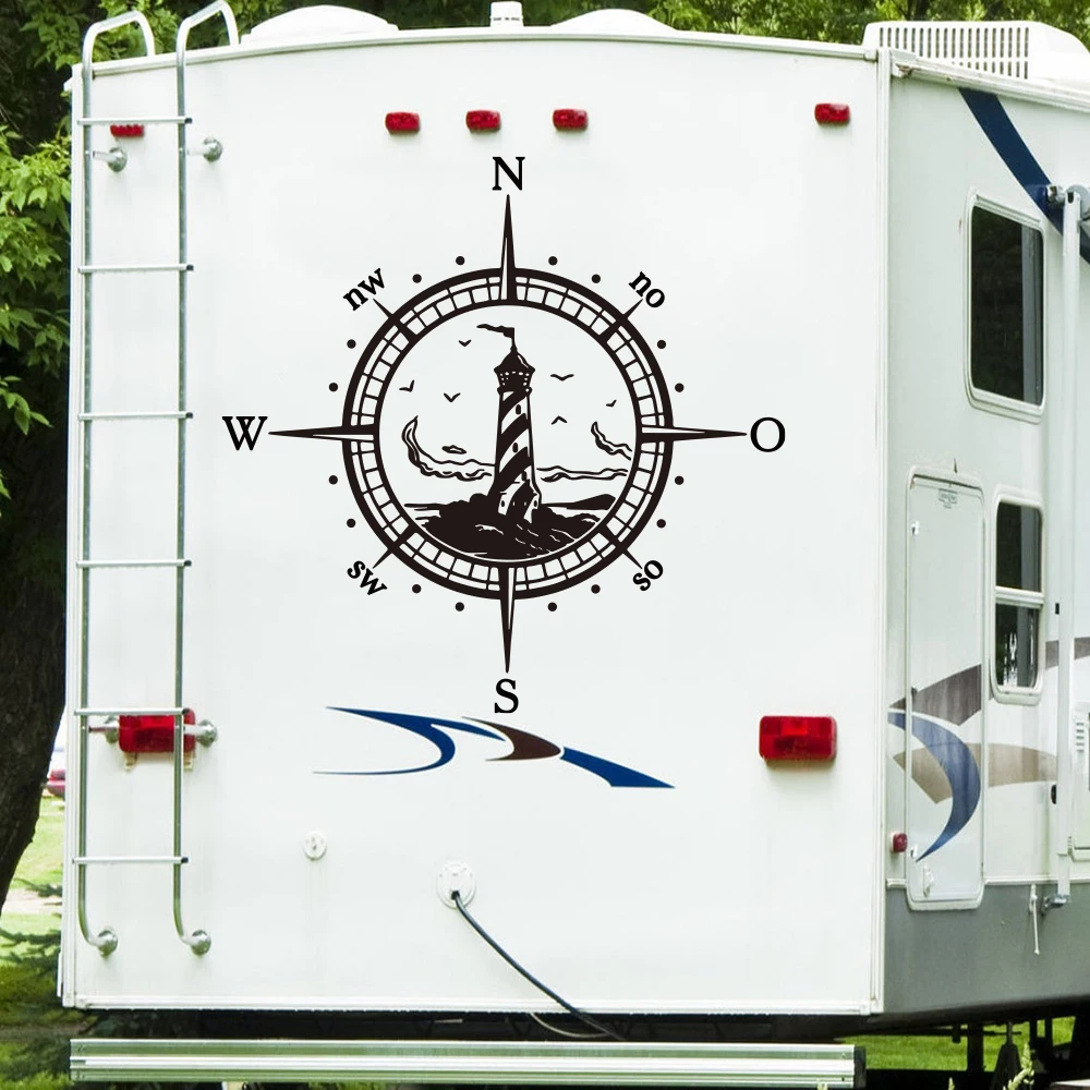 Compass with Lighthouse Car Sticker Explore Travel Adventure Auto Vehicle Decal Hood Bonnet Bumper Camper Rv Motorhome