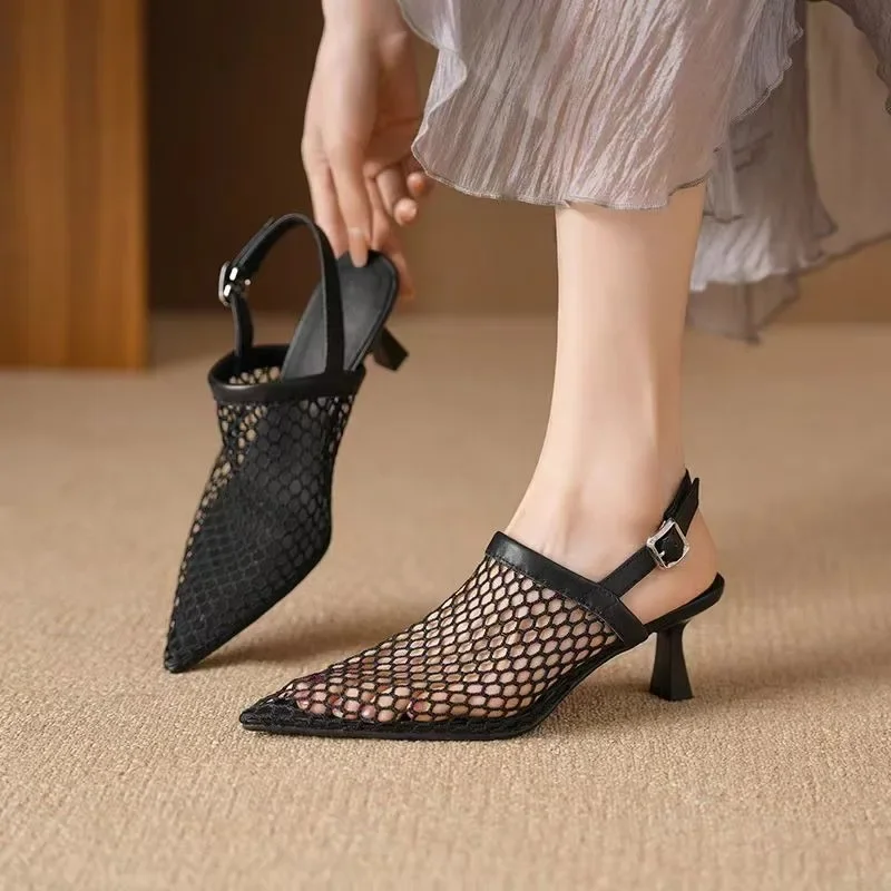 Women\'s Sandals Summer New Medium Heel Pointed Head Mesh Buckle Slippers Casual Comfortable Breathable Stiletto Sandals