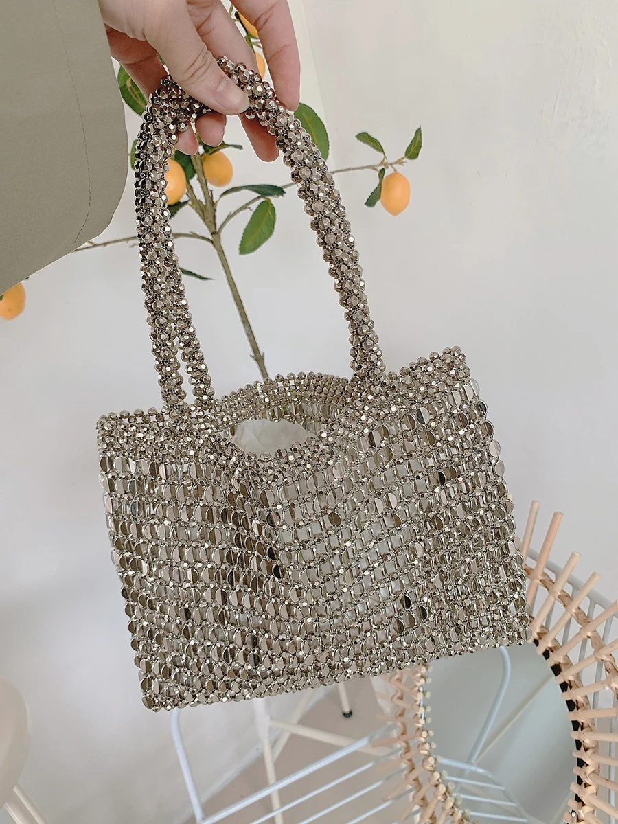 Metal Woven Shiny Square Bag Top Handle Portable Handbag Hollow Out Fashion Clutch Bag