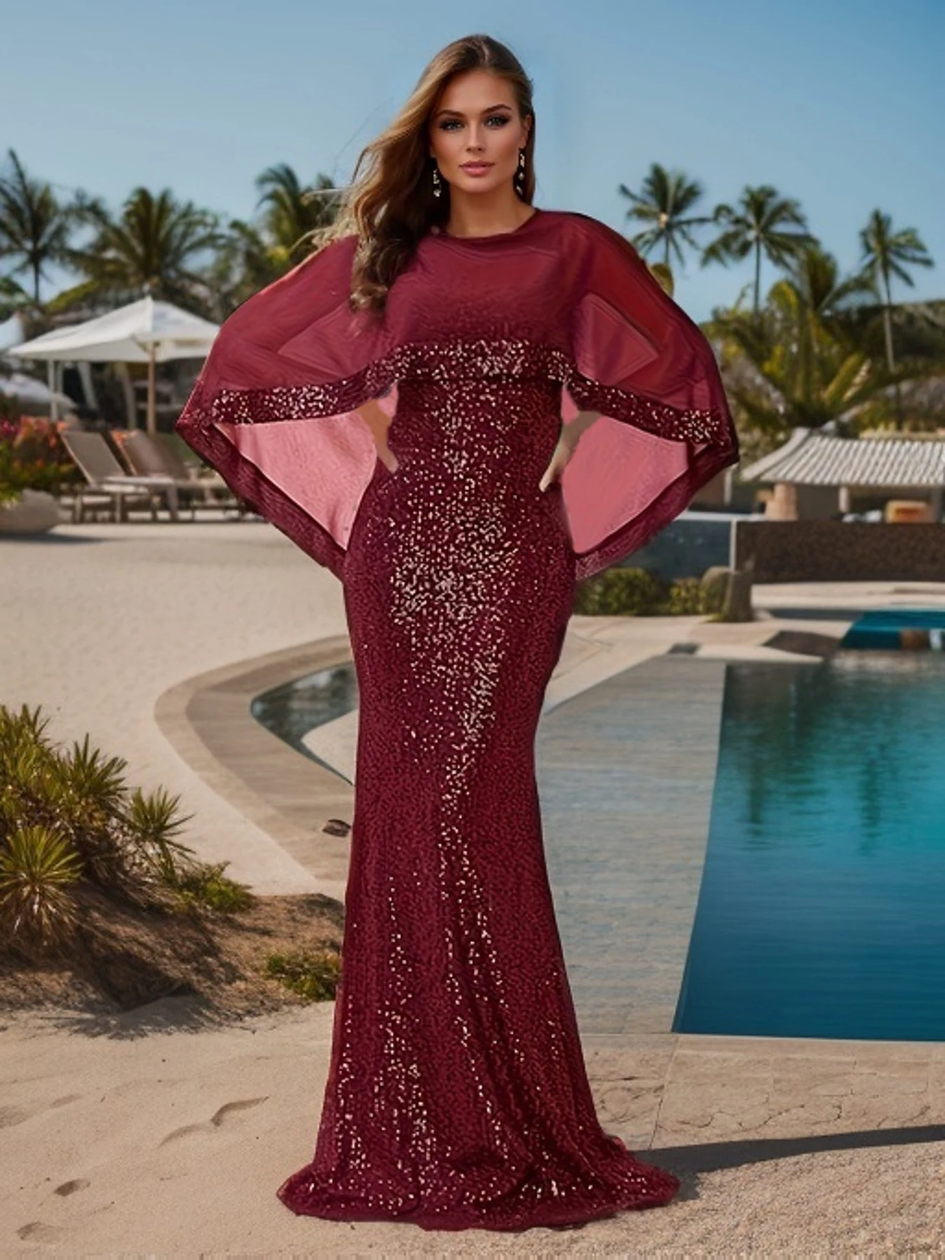 Arabic Women Evening Party Dress O Neck Cape Sleeve Sequin Stretchy Black Floor Length Formal Wedding Dresses Prom Gown 2025