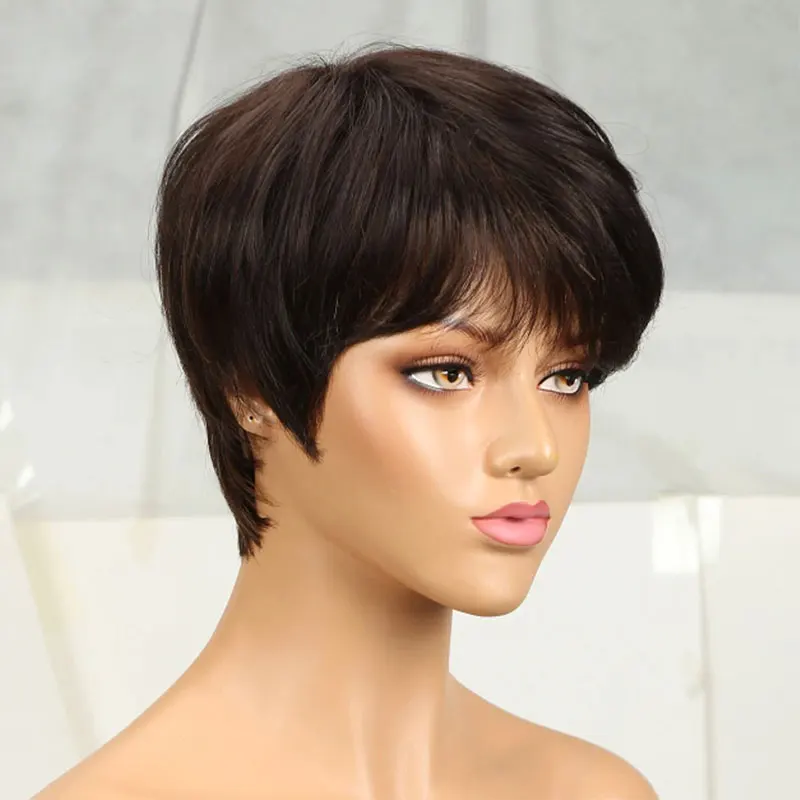 Short Brown Human Hair Pixie Cut Wig for Women