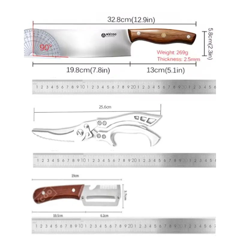 Professional Kitchen Knife Stainless Steel Chef Knife Scissor Multi Purpose Fruit Slicing Vegetable Peeler Knife Wooden Handle