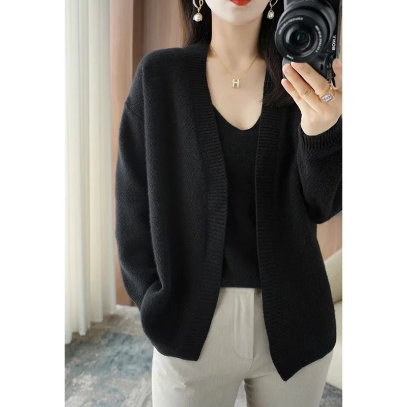 Two Piece Set for Women 2023 Autumn Winter Korean Fashion Solid Elegant Knitted Cardigan Simple V Neck Loose Sweater Vest Outfit