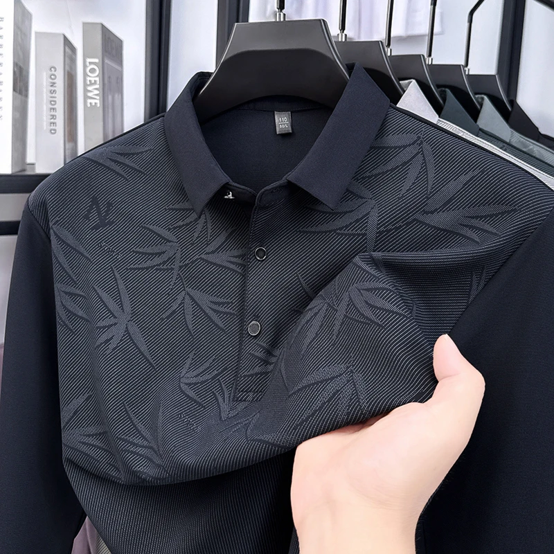 New Men's Business Casual Long Sleeved Shirt Bamboo leaf pattern Polo Shirt Fashionable Breathable Comfortable Versatile Top