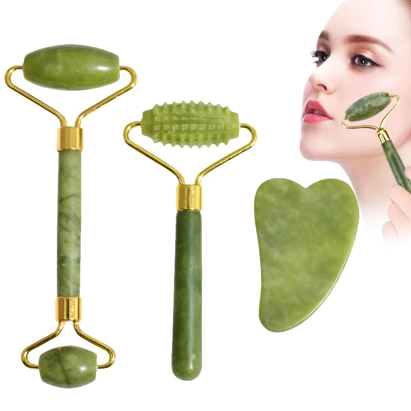 Rolo De Pedra De Jade Natural Para Massagem Facial E Corporal, Massageador Facial, Ferramenta De Levantamento De Pele, Beleza E Saúde, 3PCs Por Conjunto