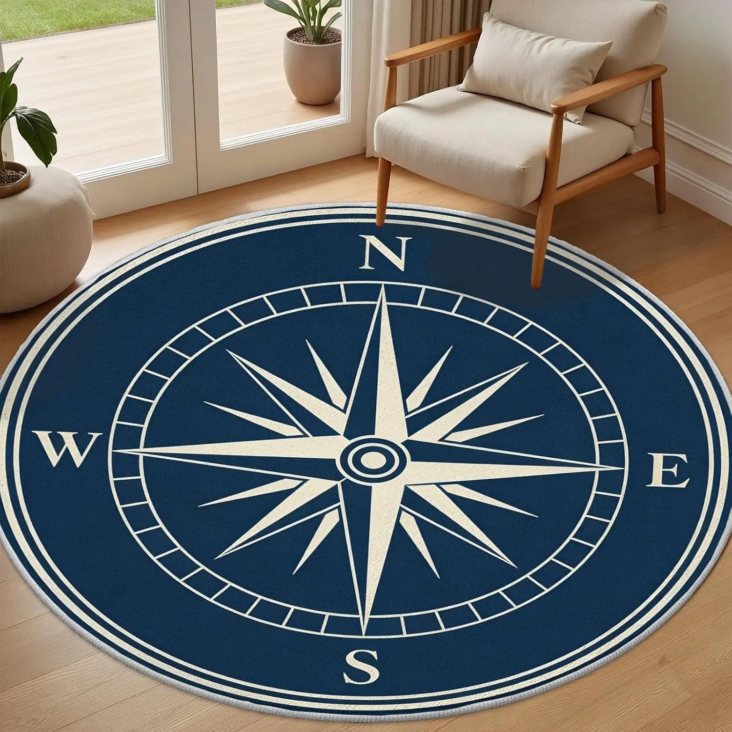 Decorative Round Compass Rose Area Rug Memory Foam Mat Nautical Theme Boho Chic Living Room Floor Decor Entrance Runner Carpet W