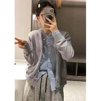 색상 차단 투피스 환상 니트 카디건 여성 초가을 새 스타일 한국 매칭 스웨터 게으른 탑 