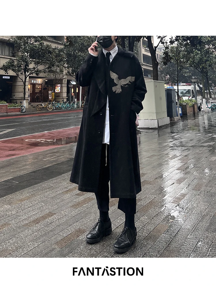 

FANTASTION Original design crow embroidery Double-layer overcoat trench coat x-long warm coats Autumn and winter