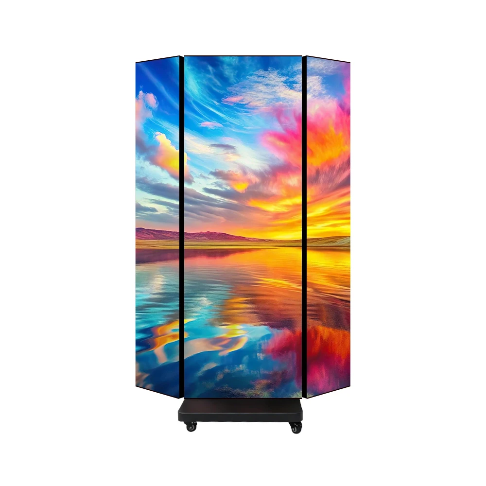 Portable Tri Fold LED Poster Display P1.53 Indoor 3 Panel Foldable LED Screen Digital Poster With Wheels For Retail Exhibition