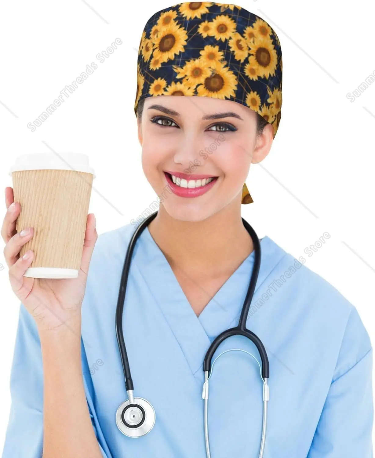 Nurse Caps for Women Men - Navy Blue Plaid Sunflower Adjustable Elastic Working Cap, Sweatband Adjustable Working Hats, Nurse Ha