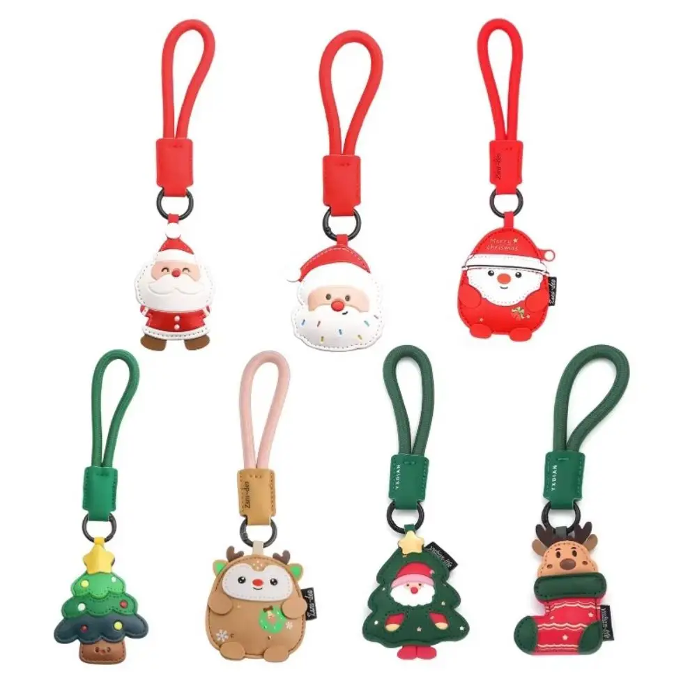 PU Leather Christmas Keychain Cartoon Design Bag Decoration Santa Claus Charm Pendant Style PU Leather Pendant Christmas Holiday