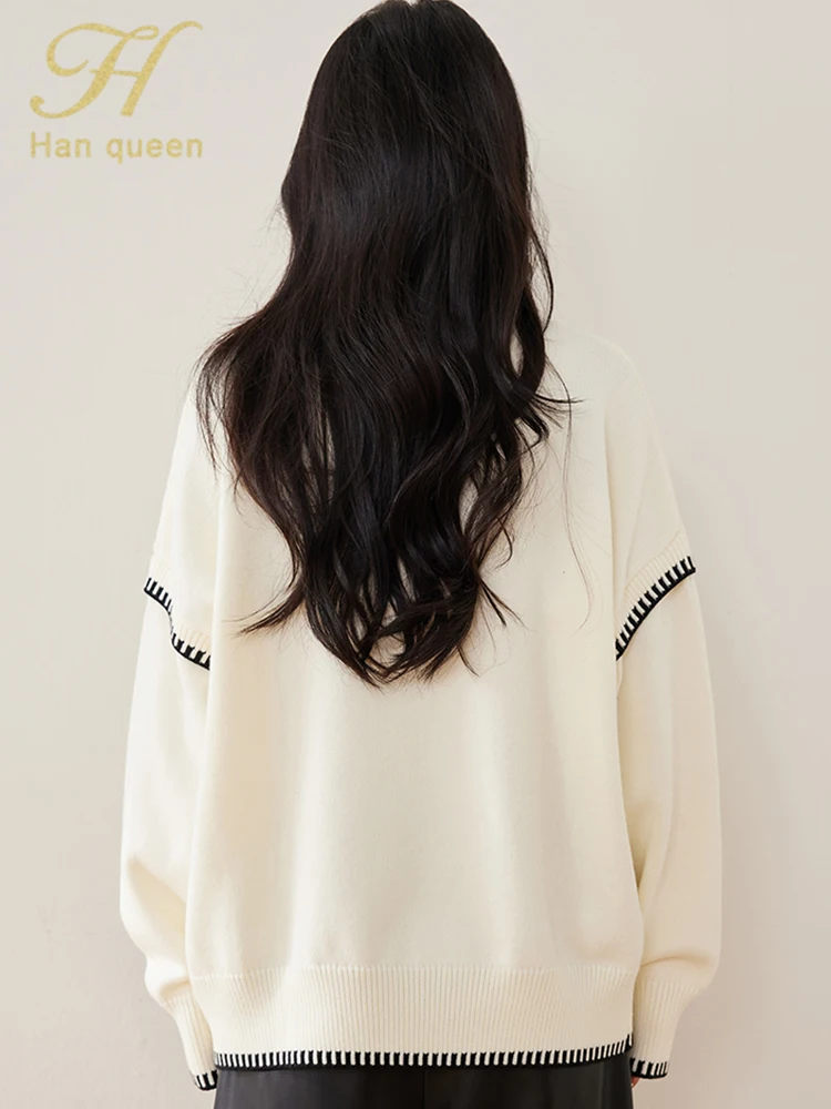 H Han Queen 2025 Spring Autumn Tops Korean Lazy Style Long Sleeve Vintage Casual Pullover Sweaters Korean Style Women's Clothing