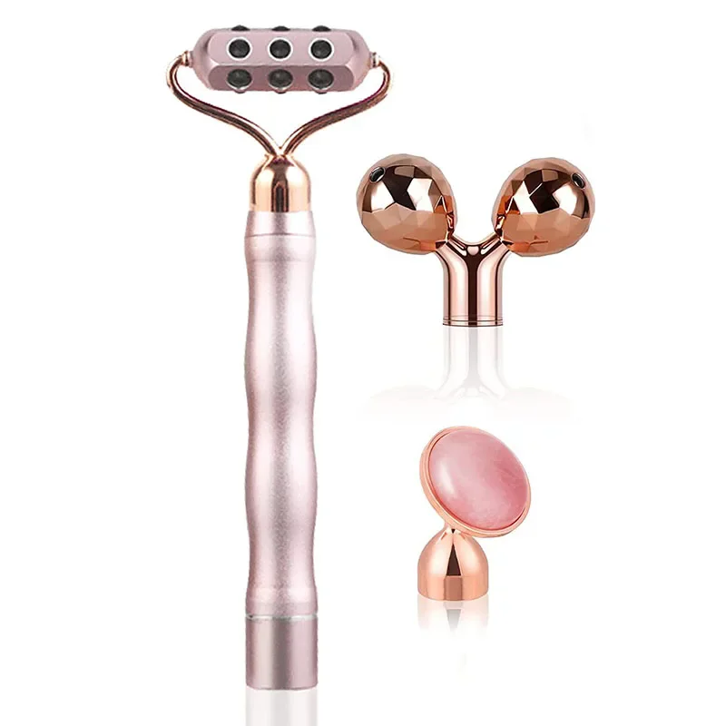 3 In 1 3D Roller Germanium Stone Beauty Bar Rose Quartz Electric Face Lifting Roller Slimmin Facial Massage Roller Gua Sha Tools