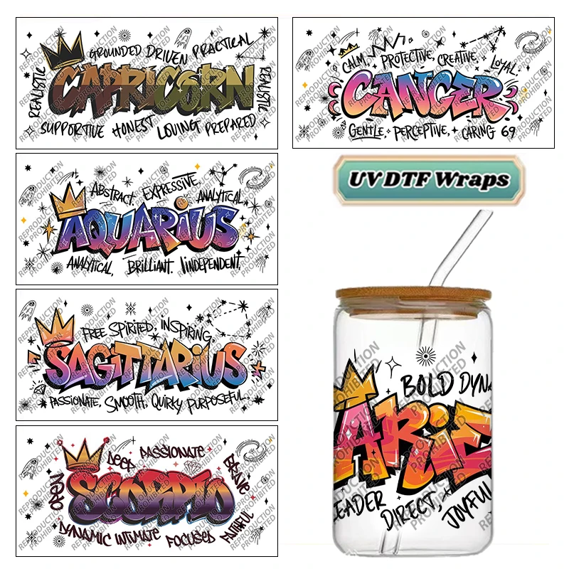 Colorful Graffiti Zodiac Traits Horoscope UV DTF Transfer Wraps Easy Apply Fade Resistant For 16oz Glass Jar DIY Cup Stickers