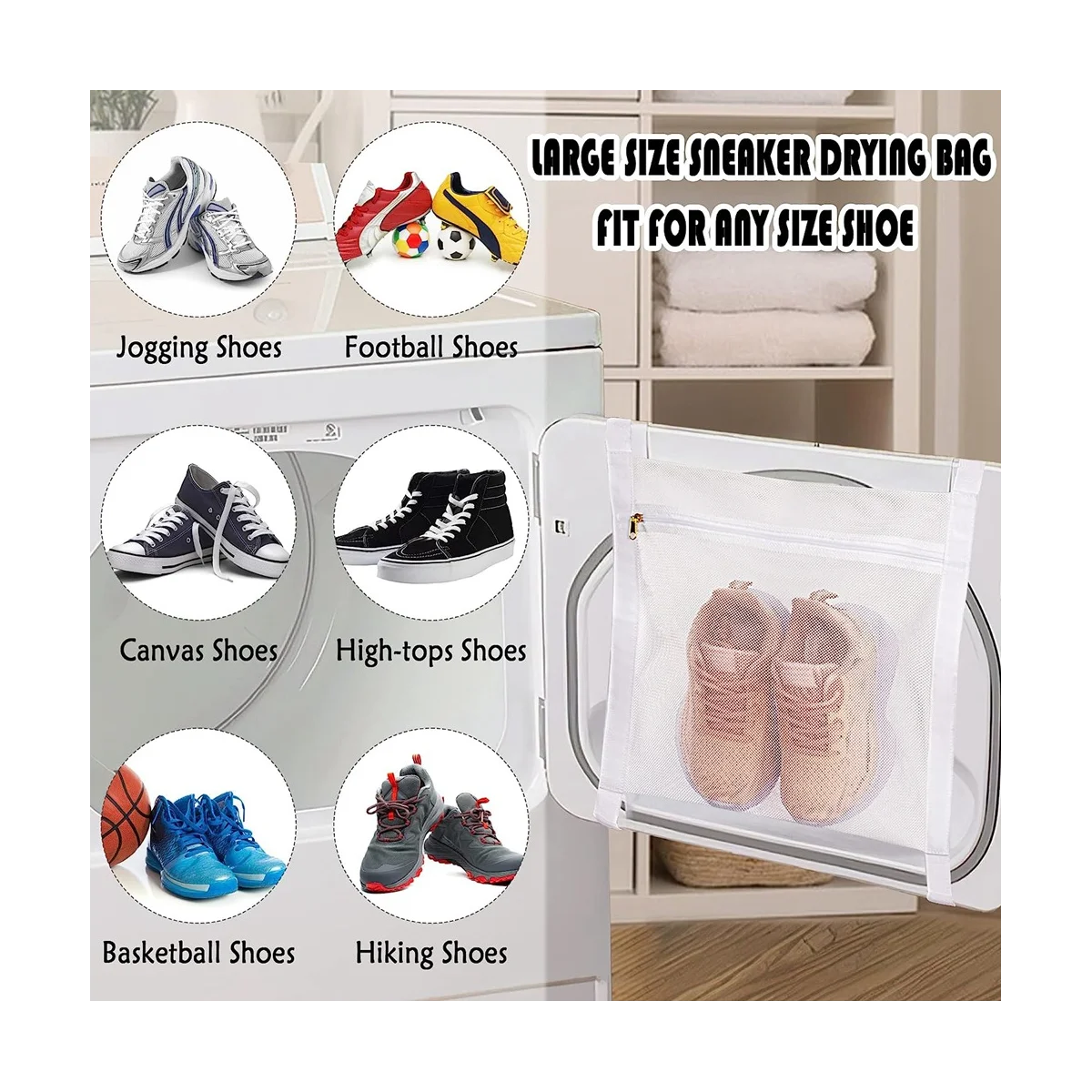 A09G-3 pièces sac en filet de lavage et de séchage de baskets pour sèche-linge, sacs en maille de combé de miel avec fermeture éclair et sangle pour chaussures, outil de sac réutilisé pour le linge