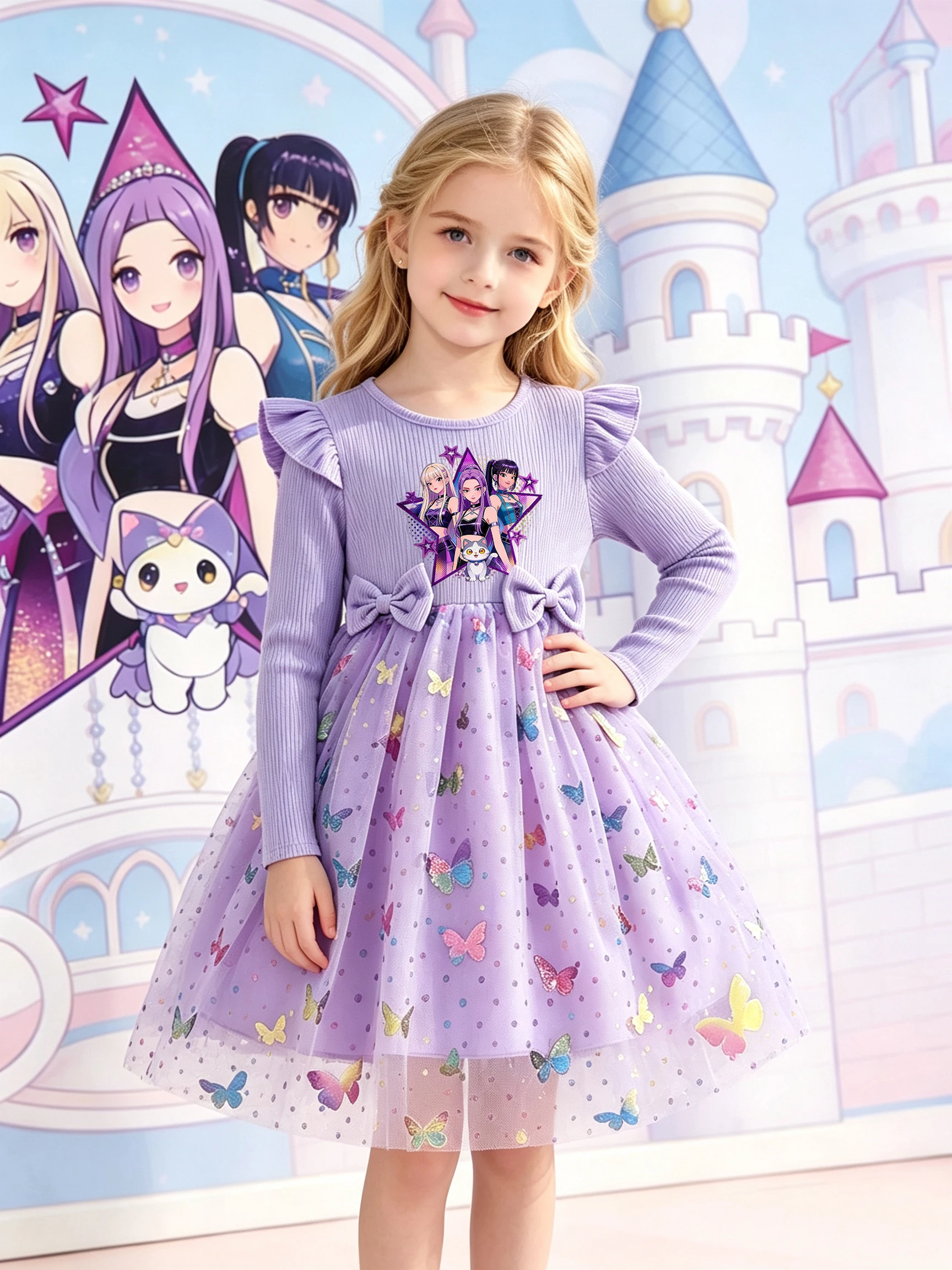 Herbstliches Cartoon-Kleid für Mädchen, langärmeliges Kleid mit Rippstrick, Tüllrock mit Pailletten-Schmetterling, süßes Prinzessinnenkleid für kleine Mädchen. – Detail 5
