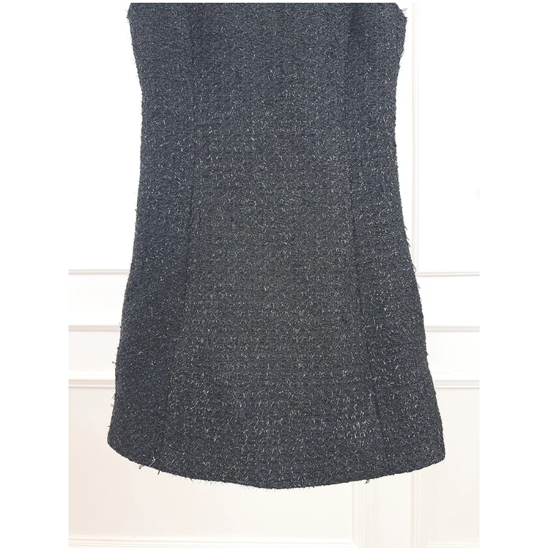 Women Fragrance Black Round Neck Pearl Collar Sleeveless Tweed Dress Fashion Sweet Vintage French Wedding Party Short Dress