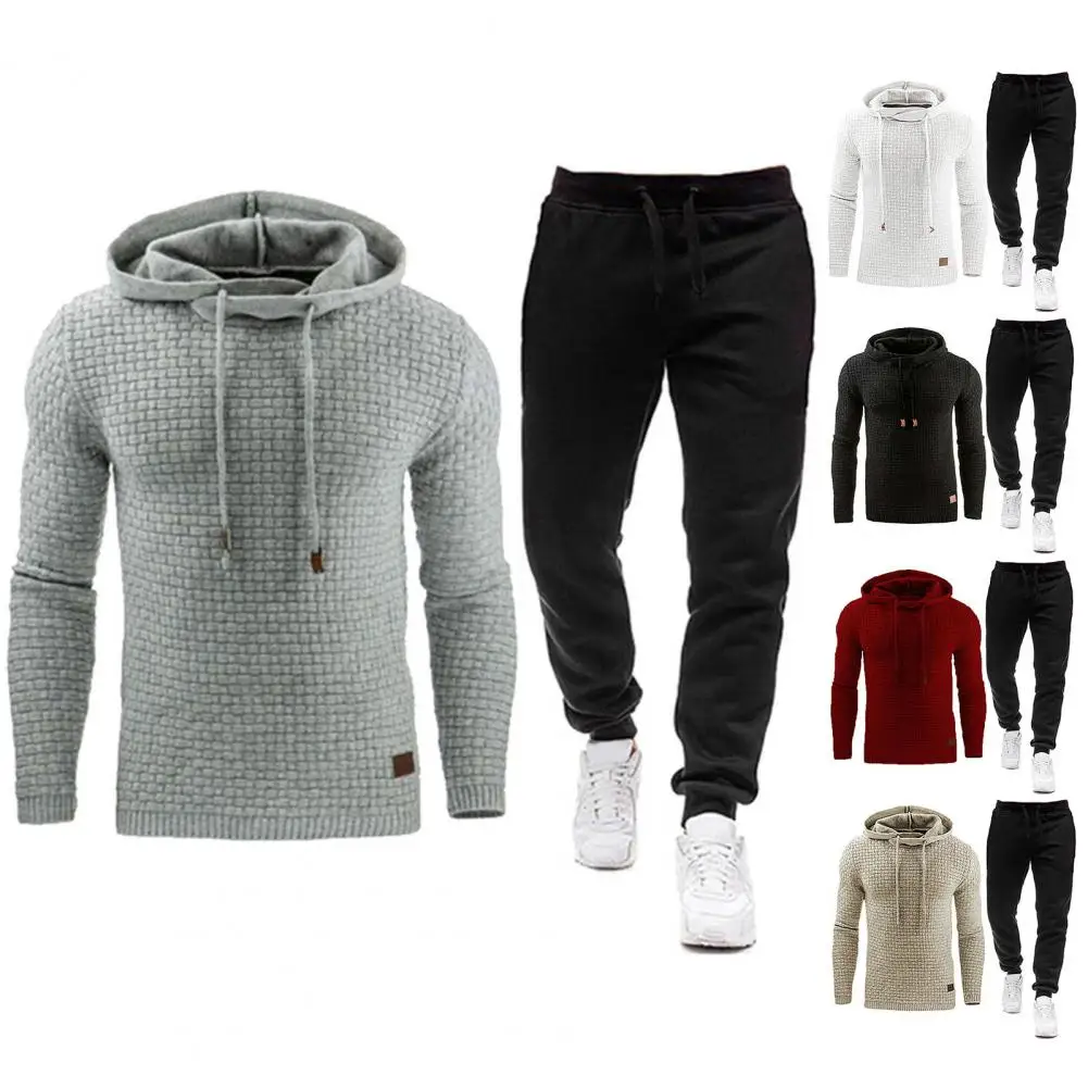 2 Pcs/Set Men Hoodie Pants Suit Waffle Texture Solid Color Long Sleeves Men Top Pants Suit Fall Winter Tracksuit For Sports