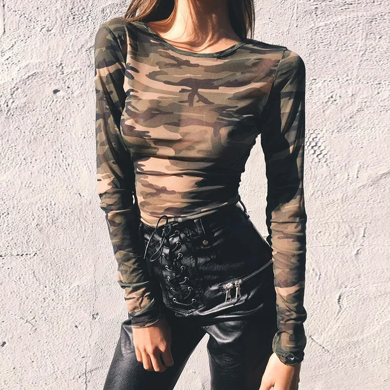 Crop Tops Camo Print Slim Streetwear Sex Transparent Mesh Long Sleeve O-neck Blouse Shirts Camouflage