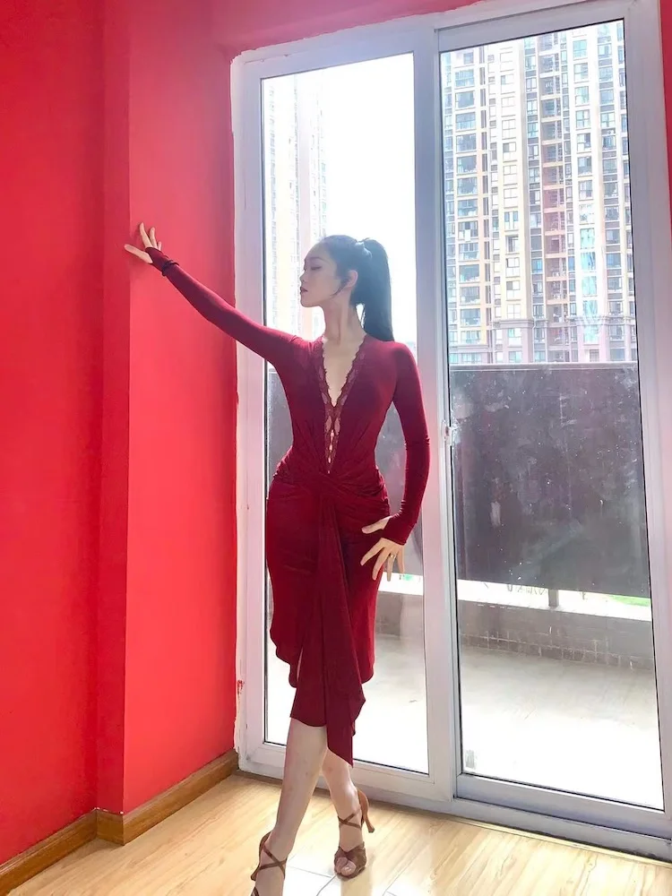 ZYMdancestyle Autumn Winter Women Latin Dancing Dress With Bra Long Sleeves Open Back Red Lace V neck Ballroom Rumba ZYM #2262