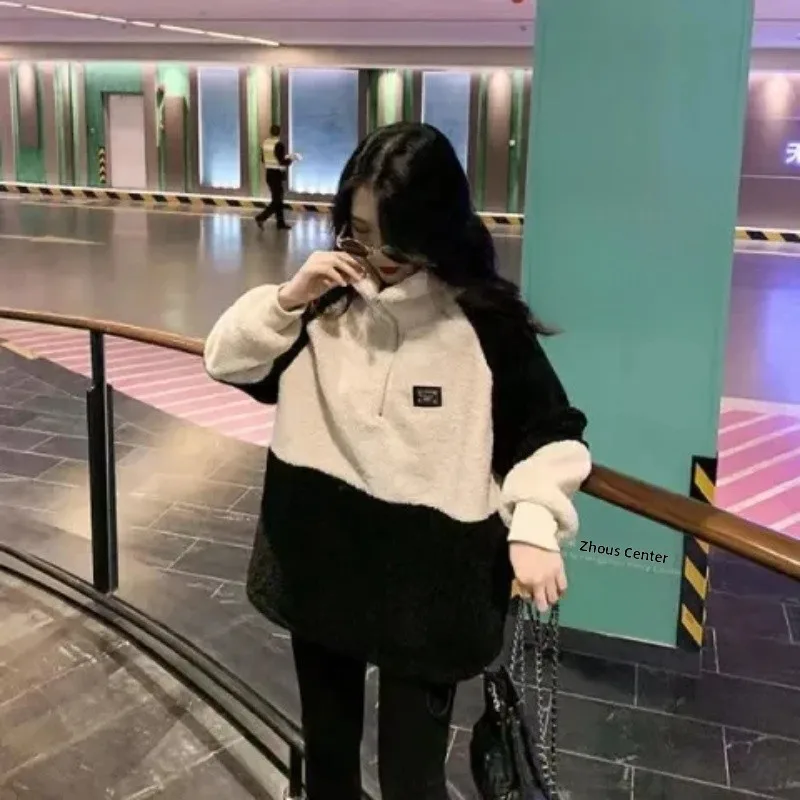 

Толстовка с воротником-стойкой из овечьей шерсти, женская свободная куртка в корейском стиле на флисовой подкладке, осенне-зимняя повседневная удобная верхняя одежда