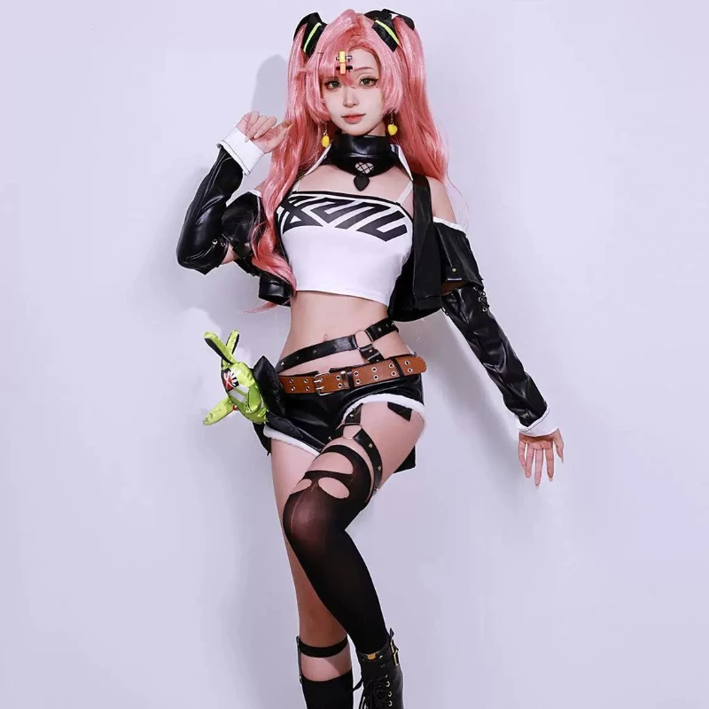 Nicole Demara ZZZ Cunning Sweetheart Skin Cosplay Neon Pink Bralette Harajuku Punk Arm Warmers Harness Belt Mini Dress Set view 2