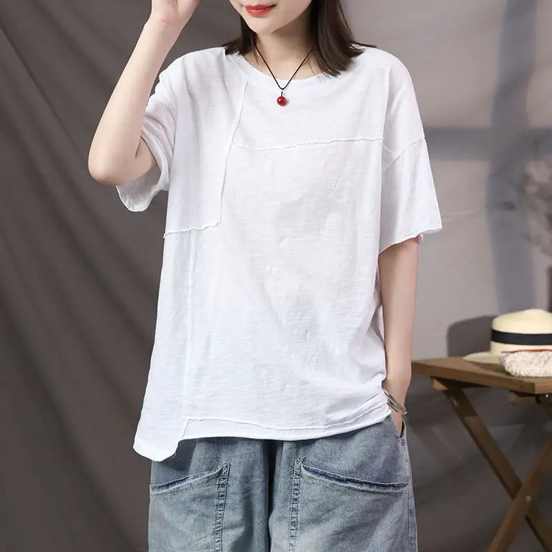 

Summer Spliced Women O Neck Short Sleeve Thin T Shirt Cotton Fashion Harajuku Literary Casual Loose Oversized Clothes White Grey
