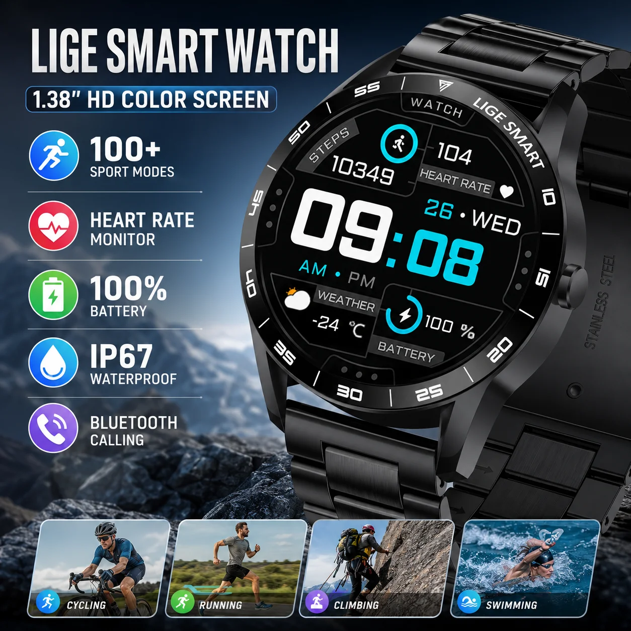 Smartwatch Watches Birthday Gift For Men - LIGE Nuovo Smartwatch da Uomo 1.38''