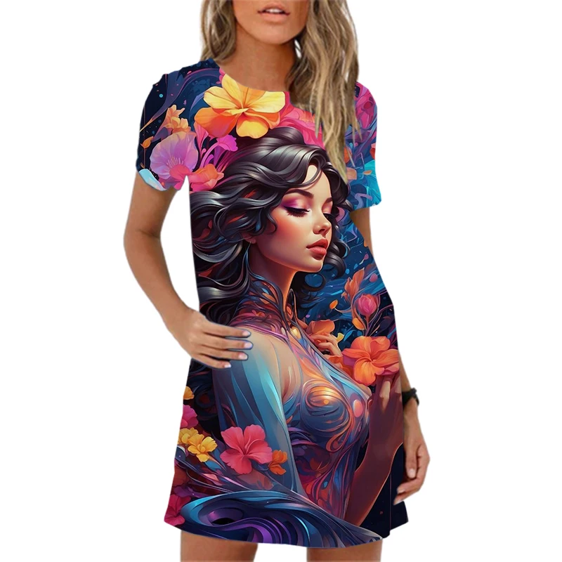 Fashion 3D Abstract Facial Printing Women Dress New 2024 Summer Dress Short Sleeve O-Neck Loose Casual A-Line Dress Vestidos