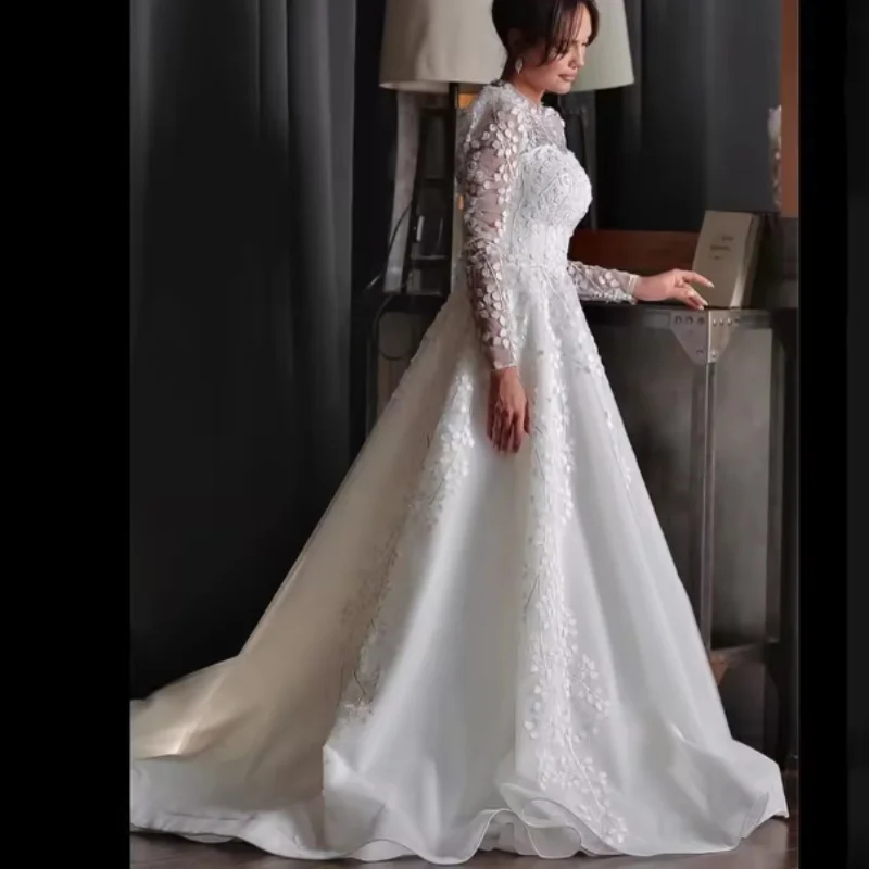 

Muslim Wedding Dresses High Neck Long Sleeves See-through Lace A Line Bridal Gown Customized فساتين حفلات الز