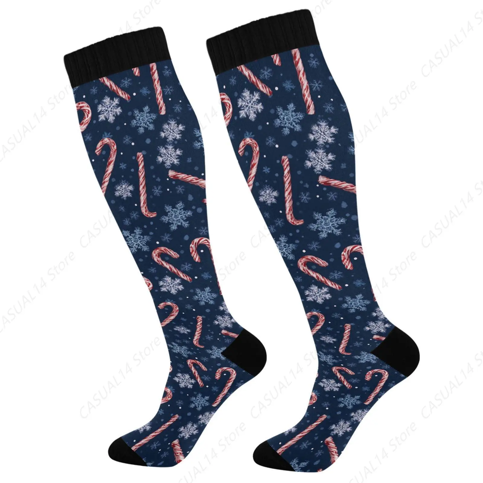

Candy Cane Snowflake Blue Compression Socks Wide Calf Knee High Socks For Women Men Support Socks For Nurses Athletes Gift