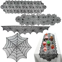 Manteles de tela de araña de encaje para Halloween, tela de araña de calavera negra, cortina para chimenea, bufanda, decoraciones de mesa para fiesta en casa y evento