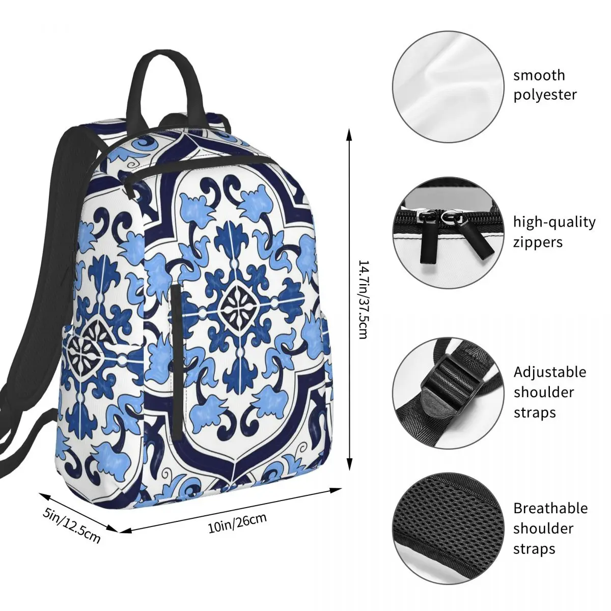 Blue Ornate Floral Mediterranean Sicilian Tile Backpack Student BookBag Kids School Bag Computer Shoulder Bags Boys Girls