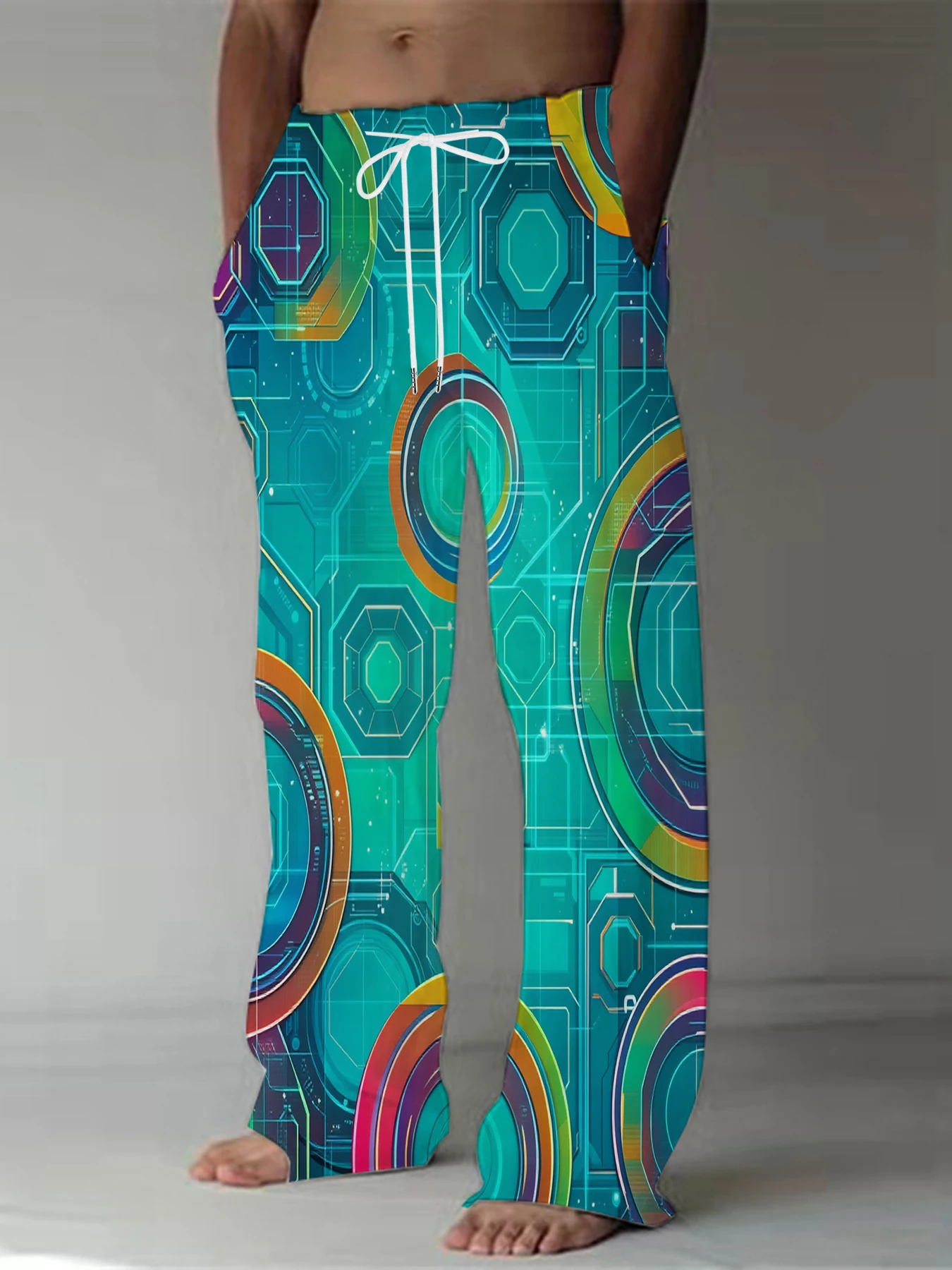 

2026 Men's Printed Straight Leg Pants Drawstring Waist Loose Fit Casual Summer Beach Wear Fashion Trendy Trousers
