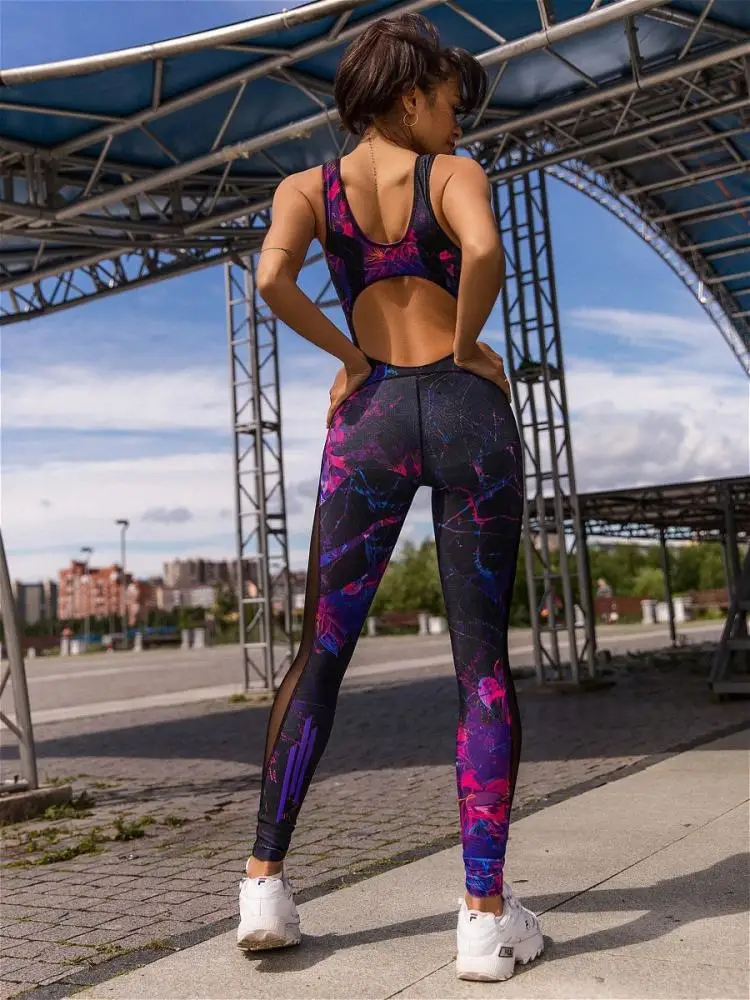 Oshoplive 2024 New Summer Sleeveless Back Cutout Fitness Yoga Jumpsuit Women Fashion Mesh See-Through Printed Running Jump Suits