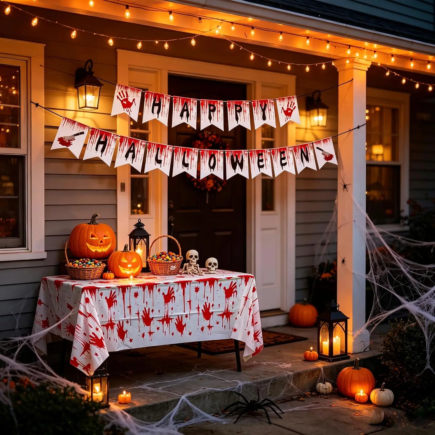 Halloween Bloody Handprint Party Tablecloth Flag Set Disposable Tablecover for Halloween Horror Scary Movie Party Decorations