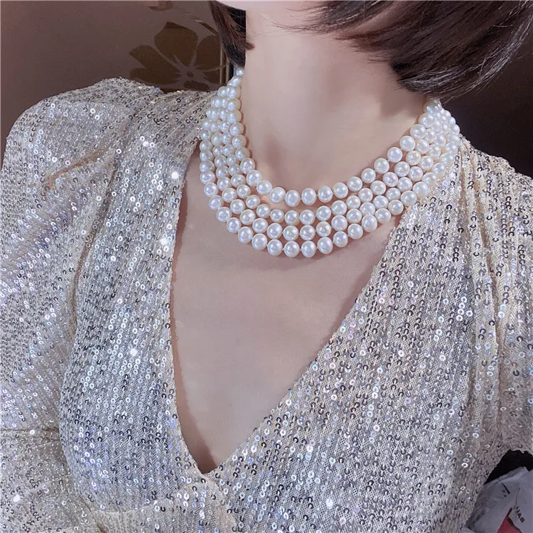 

Natural White Round Pearl 4 Rows 8-9mm White Pearl Necklace CZ Clasp For Women Lady Gift Jewelry