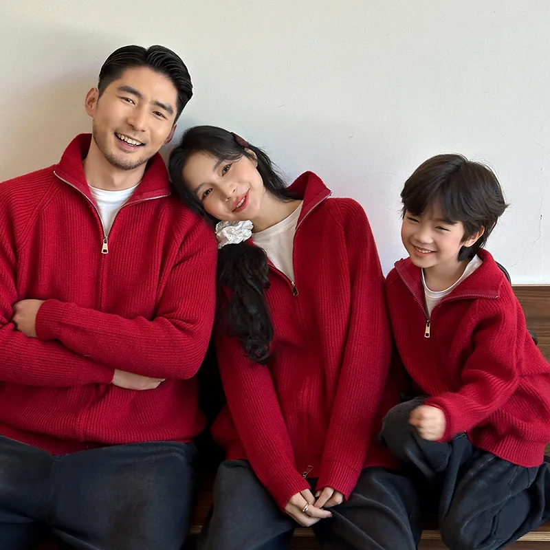 

‌2026 New Year Family Matching Set High Neck Zip Cardigan Red Sweater for Parents & Kids Knitwear Outfit Winter Holiday Gift