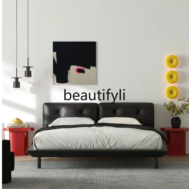 

Italian minimalist modern light luxury soft leather bed master bedroom sales office hotel double bed0420